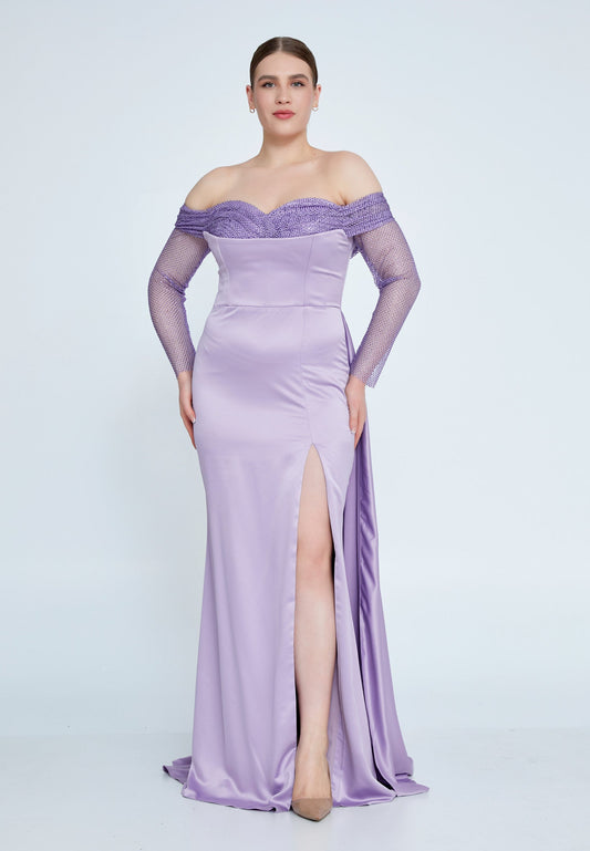 Off Shoulder Maxi Satin Mermaid Plus Size Wedding Guest Dress Lilac - Unit Price: 125$