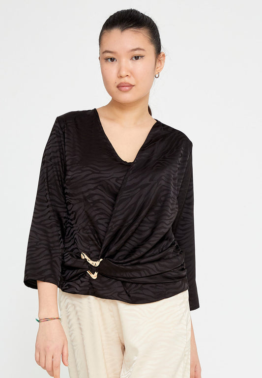 Mid-Length Patterned Regular Blouse Black - Unit Price: 25$