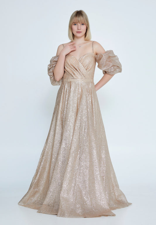 Off Shoulder Maxi Sequin Column Regular Prom Dress Gold - Unit Price: 89$