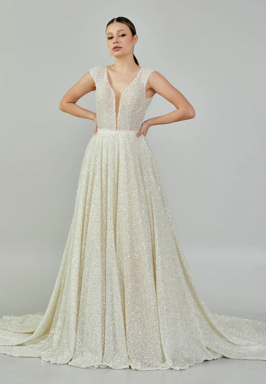 Sleeveless Maxi Sequin Regular Wedding Dress Ecru - Unit Price: 800$