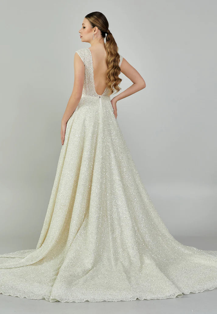 Sleeveless Maxi Sequin Regular Wedding Dress Ecru - Unit Price: 800$