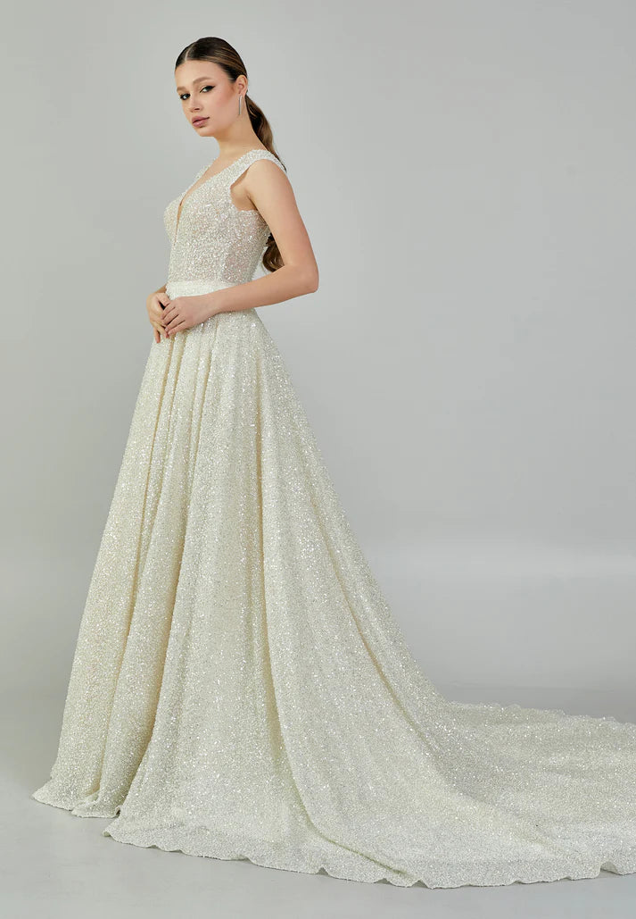 Sleeveless Maxi Sequin Regular Wedding Dress Ecru - Unit Price: 800$