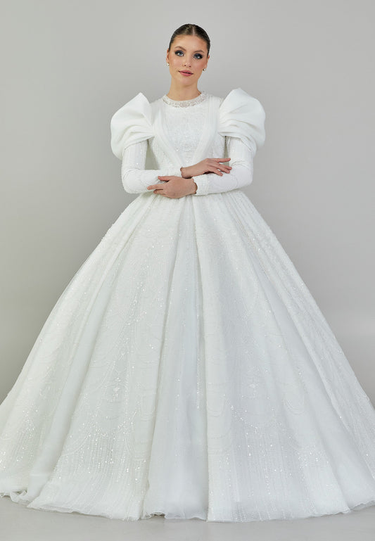 Long Sleeve Maxi Tulle Regular Wedding Dress White - Unit Price: 906$