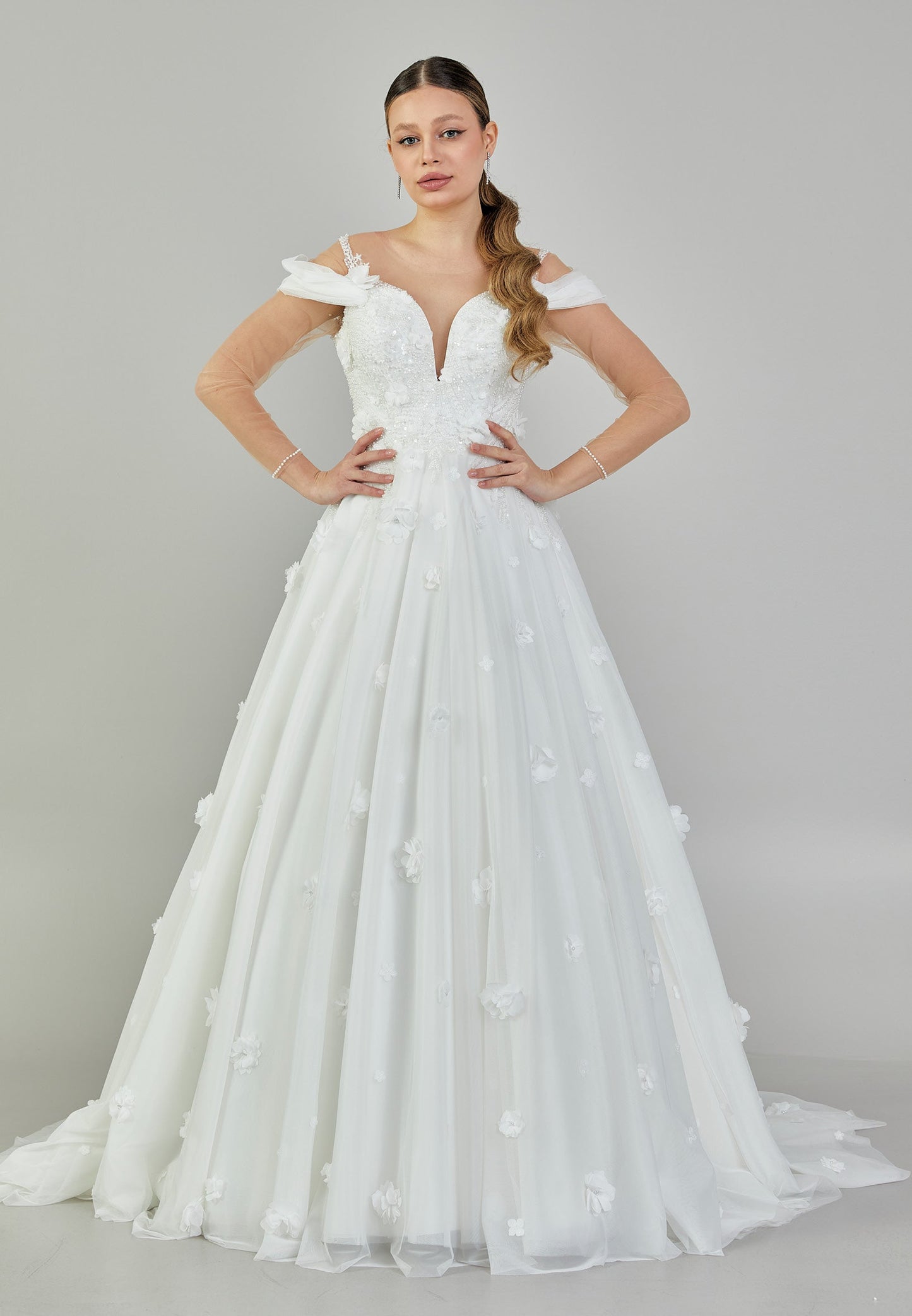 Long Sleeve Maxi Tulle Regular Wedding Dress White - Unit Price: 465$