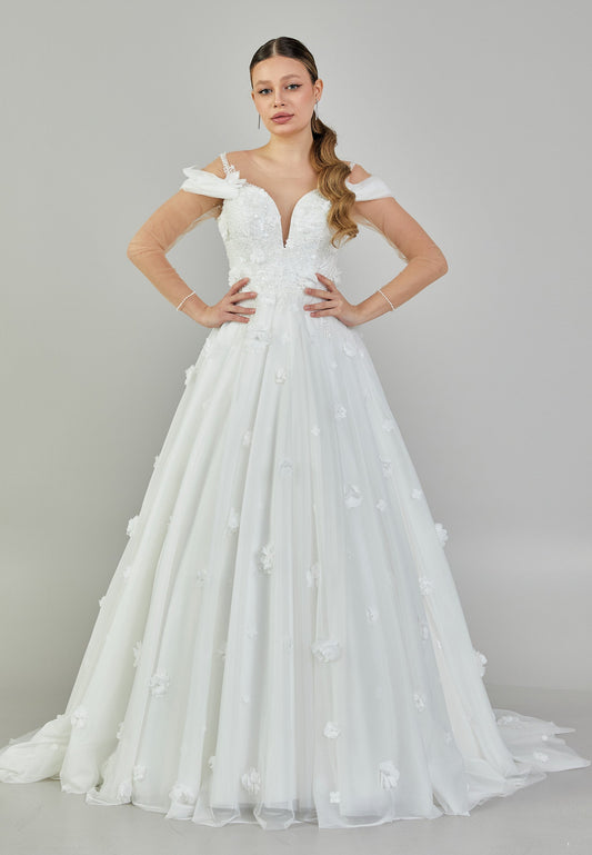 Long Sleeve Maxi Tulle Regular Wedding Dress White - Unit Price: 465$