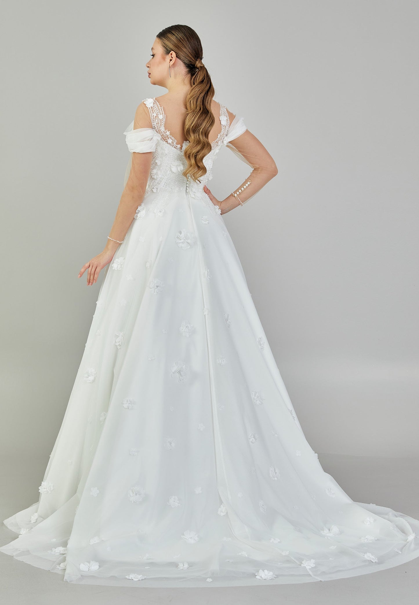 Long Sleeve Maxi Tulle Regular Wedding Dress White - Unit Price: 465$