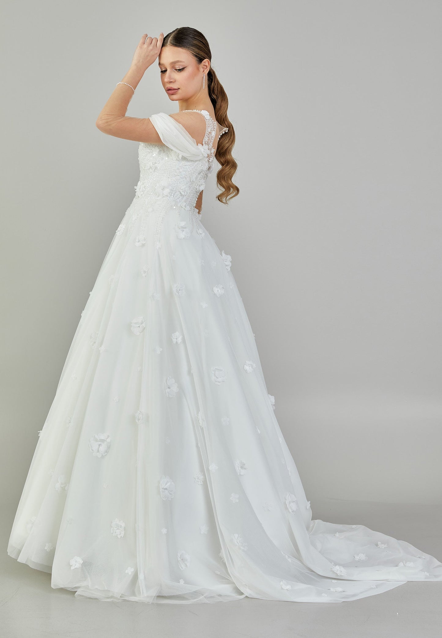 Long Sleeve Maxi Tulle Regular Wedding Dress White - Unit Price: 465$