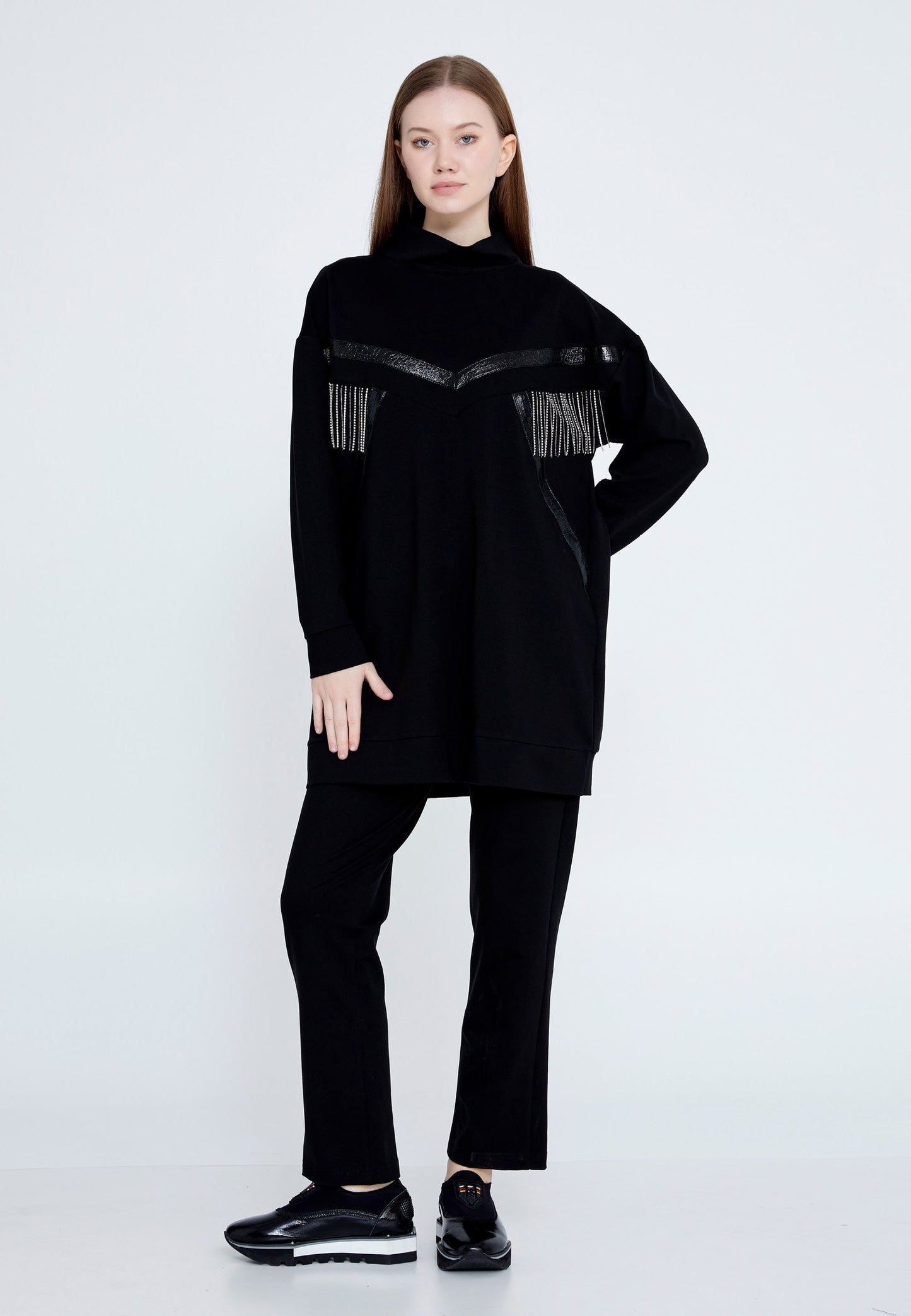 Long Sleeve Cotton Solid Color Regular Two-Piece Outfit Black - Unit Price: 57$