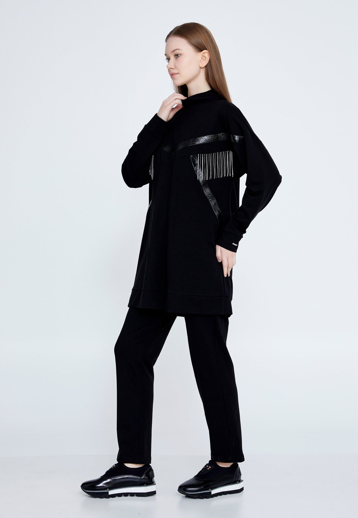 Long Sleeve Cotton Solid Color Regular Two-Piece Outfit Black - Unit Price: 57$