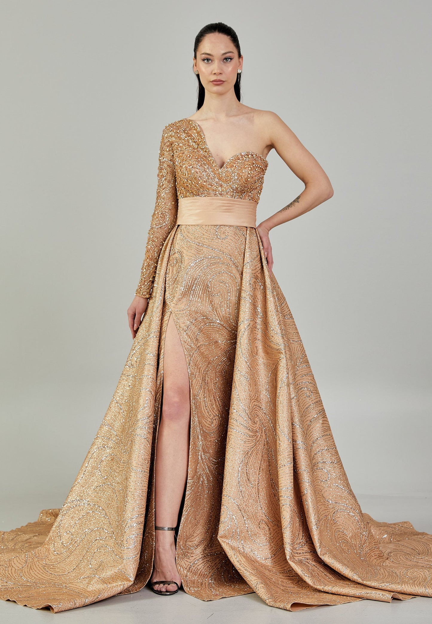 One Shoulder Maxi Sequin Regular Engagement Dress Gold - Unit Price: 640$