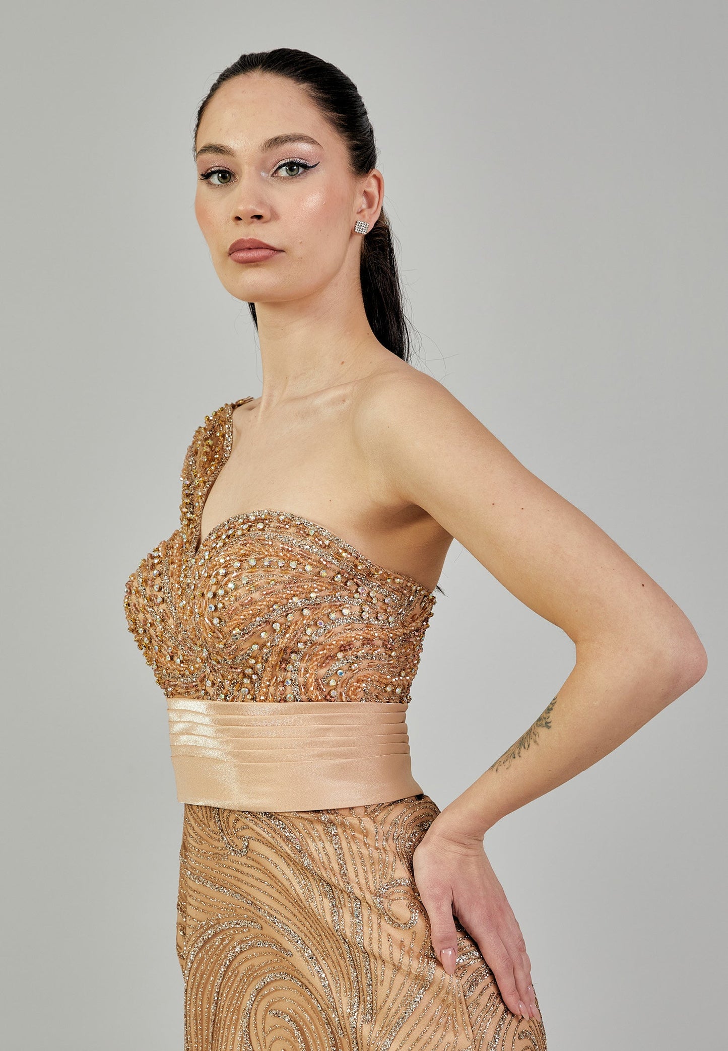 One Shoulder Maxi Sequin Regular Engagement Dress Gold - Unit Price: 640$