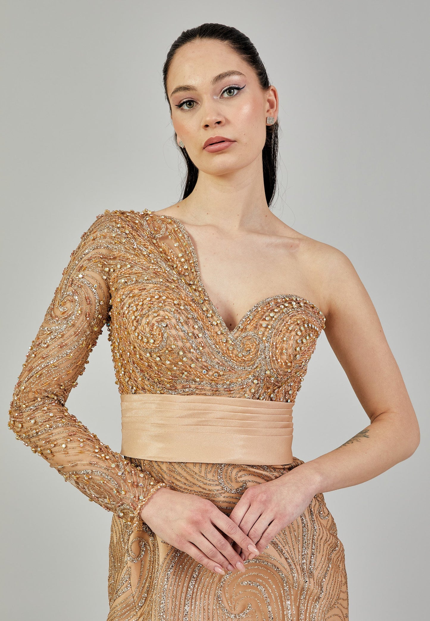 One Shoulder Maxi Sequin Regular Engagement Dress Gold - Unit Price: 640$