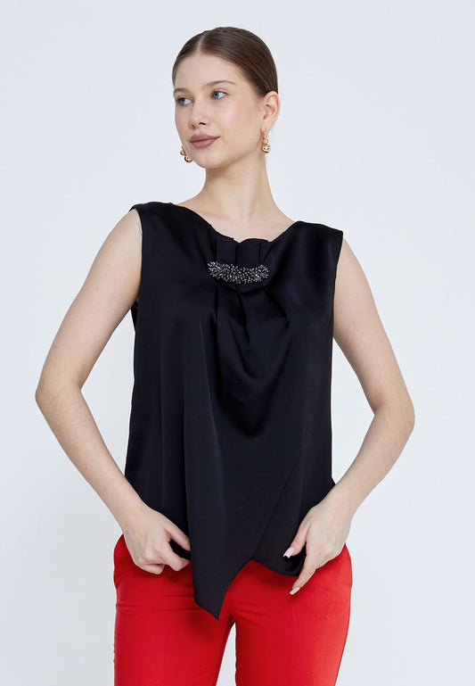 Sleeveless Solid Color Regular Blouse Black - Unit Price: 24$