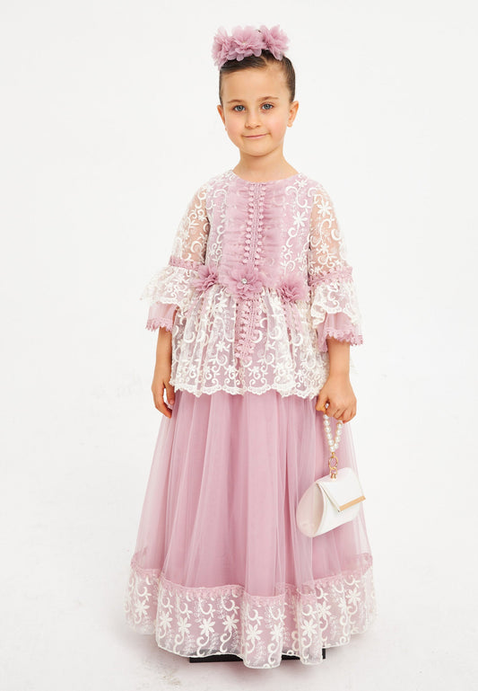 Baby Girl Short Sleeve Tulle Patterned A - Line 4 - 8 Ages Special Occasion Dress Purple - Unit Price:43$