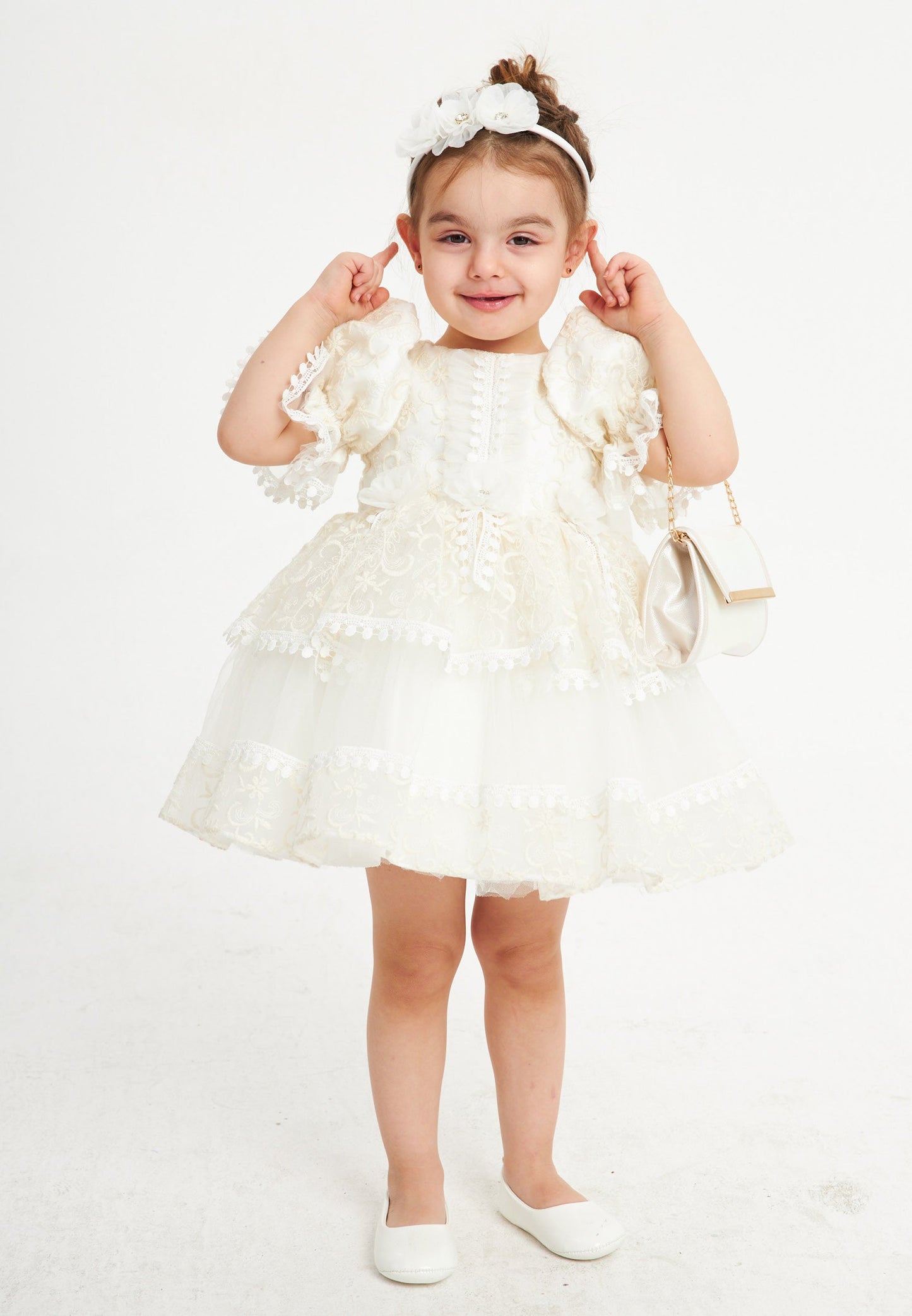 Baby Girl Short Sleeve Tulle Lacy A - Line 1 - 5 Ages Special Occasion Dress Ecru - Unit Price: 36$