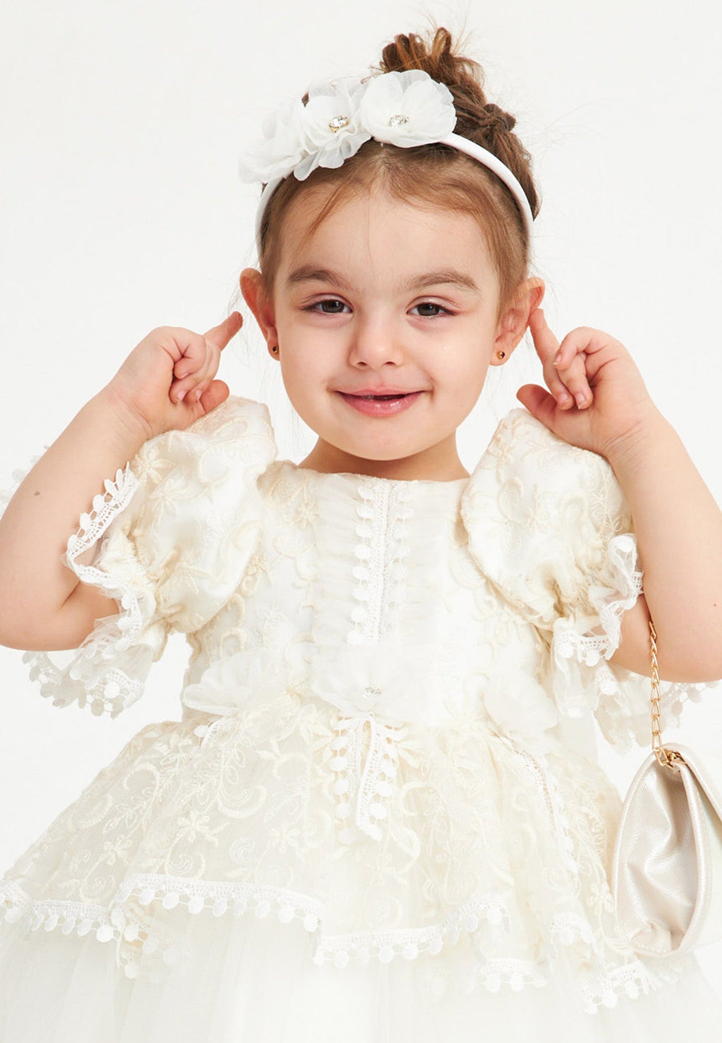 Baby Girl Short Sleeve Tulle Lacy A - Line 1 - 5 Ages Special Occasion Dress Ecru - Unit Price: 36$