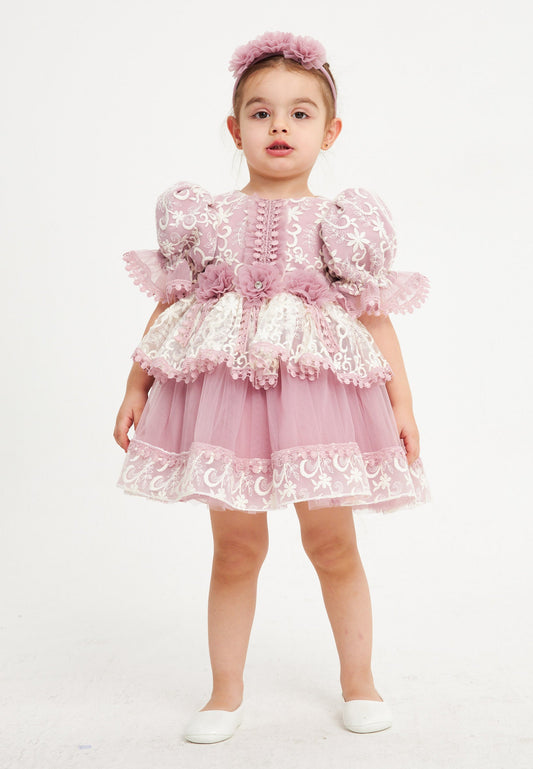 Baby Girl Short Sleeve Tulle Lacy A - Line 1 - 5 Ages Special Occasion Dress Pink - Unit Price: 36$