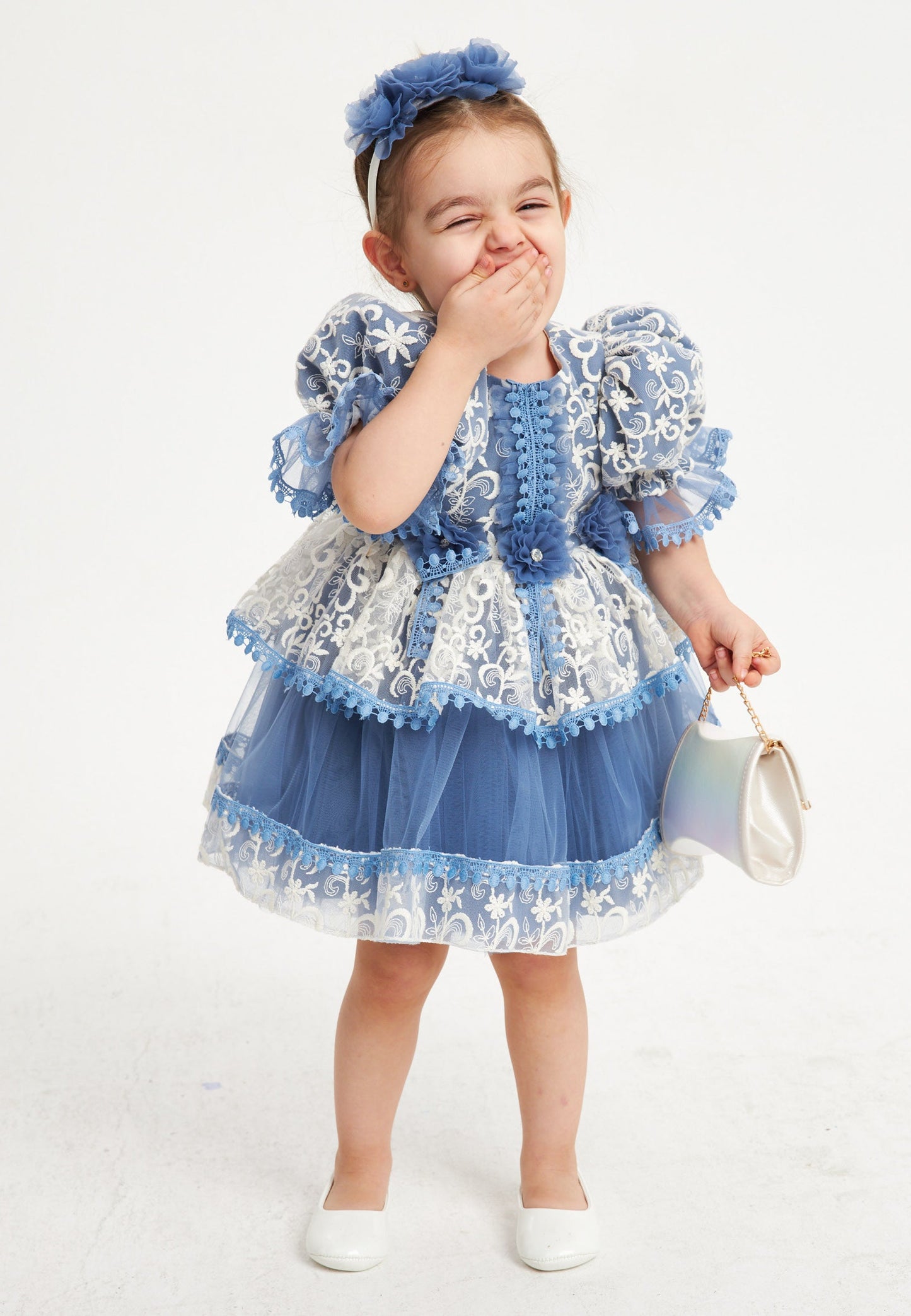 Baby Girl Short Sleeve Tulle Lacy A - Line 1 - 5 Ages Special Occasion Dress Indigo - Unit Price: 36$