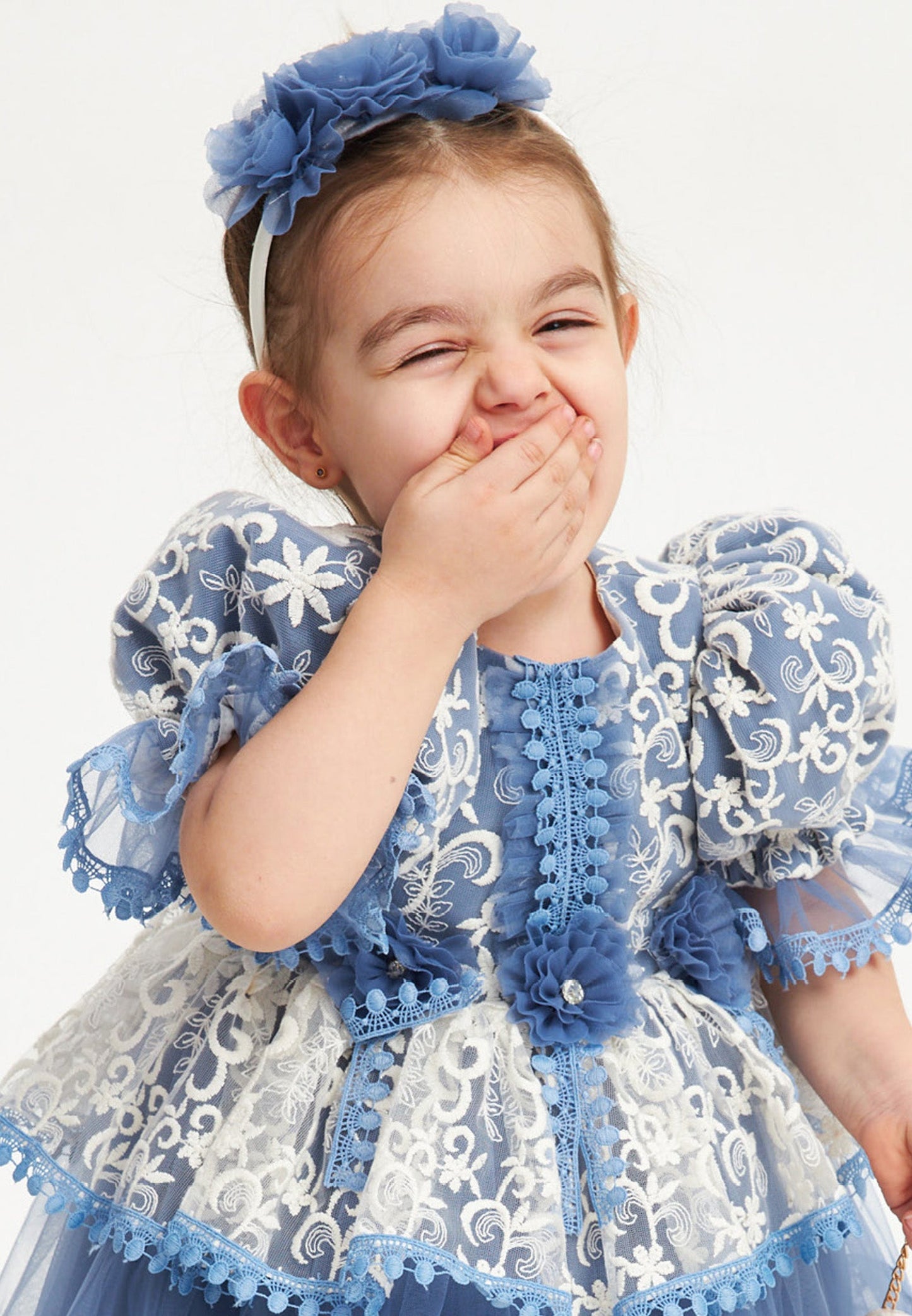 Baby Girl Short Sleeve Tulle Lacy A - Line 1 - 5 Ages Special Occasion Dress Indigo - Unit Price: 36$