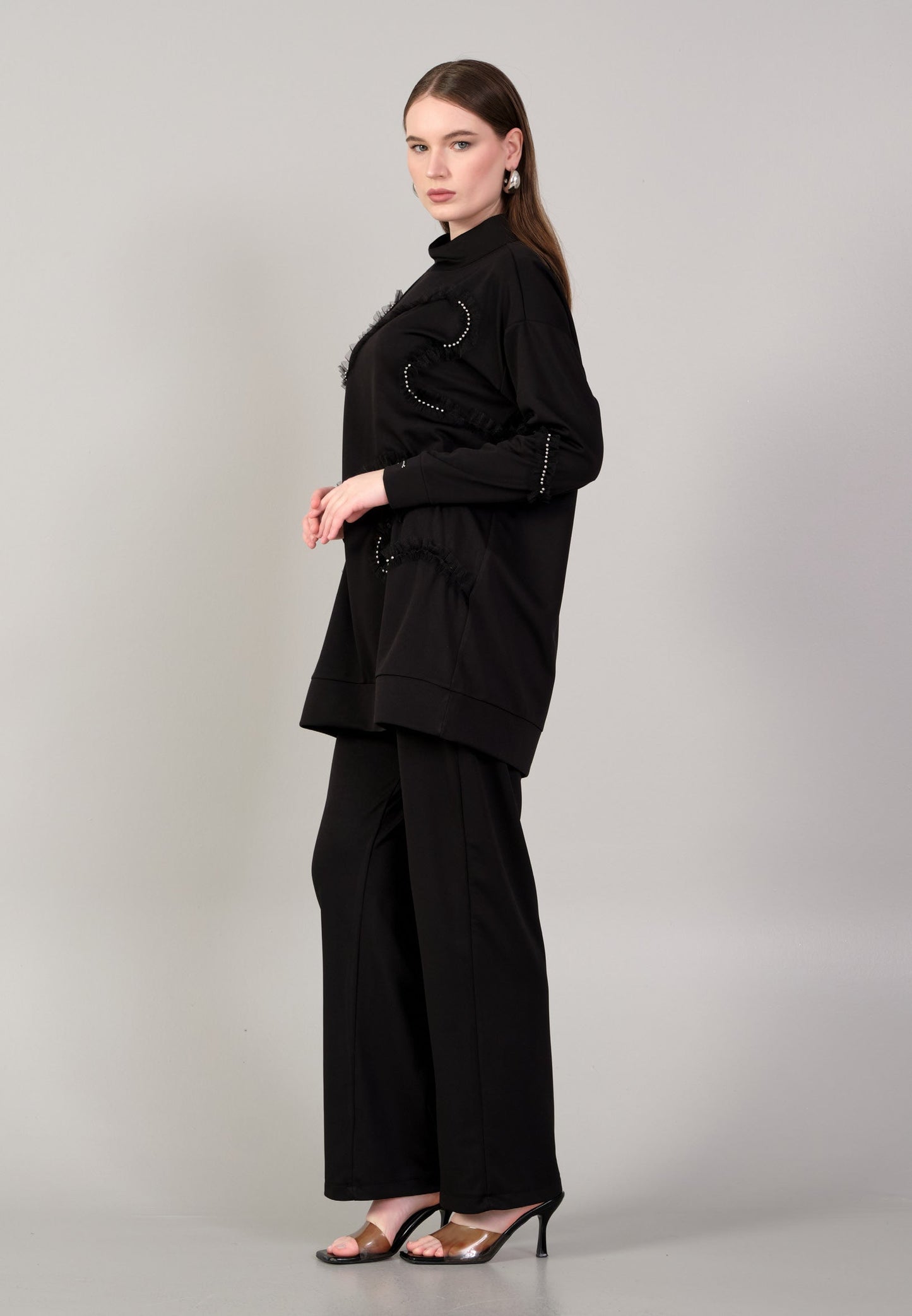 Long Sleeve Viscose Solid Color Regular Two-Piece Outfit Black - Unit Price: 60$