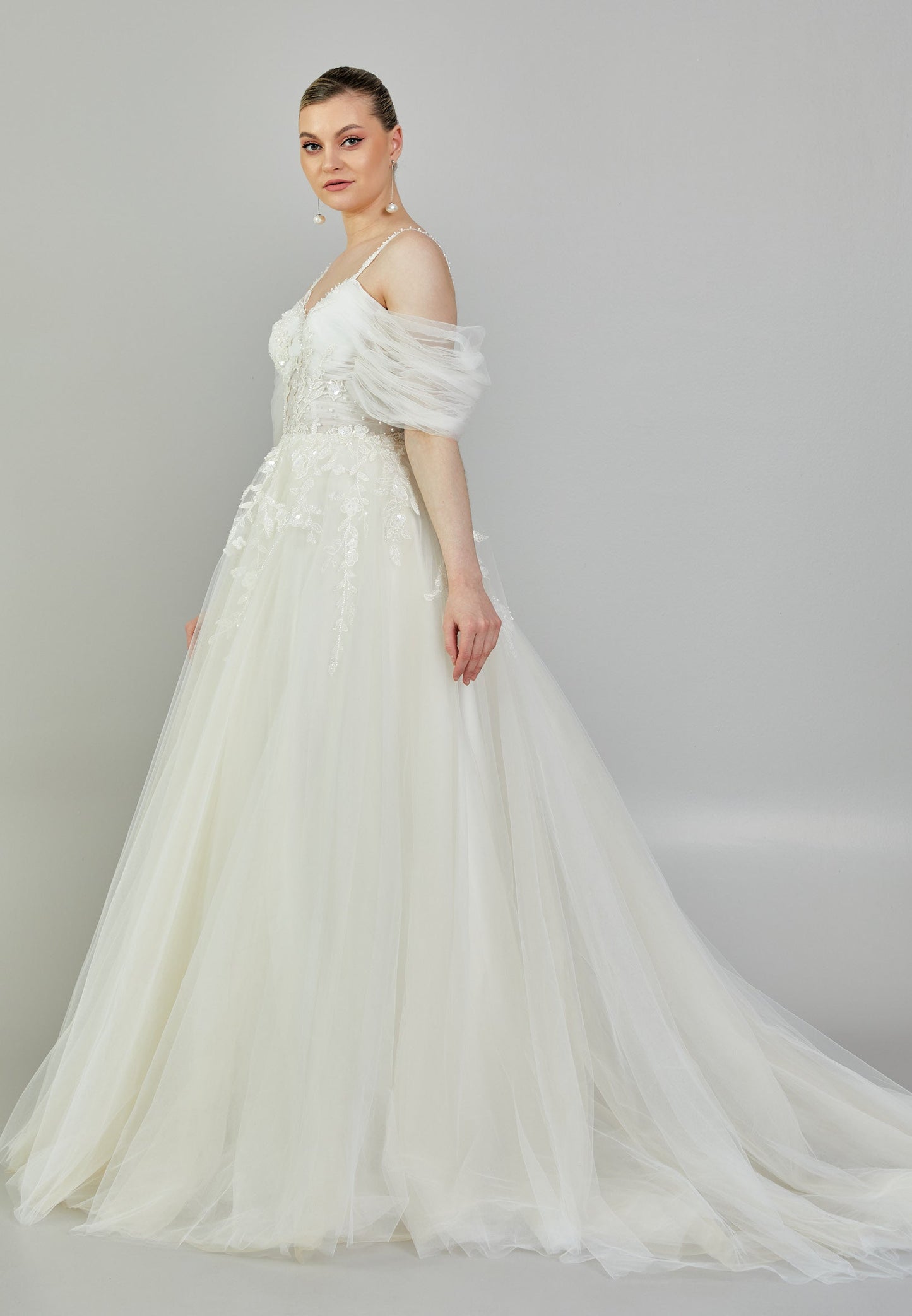 Off Shoulder Maxi Tulle Regular Wedding Dress Ecru - Unit Price: 468$