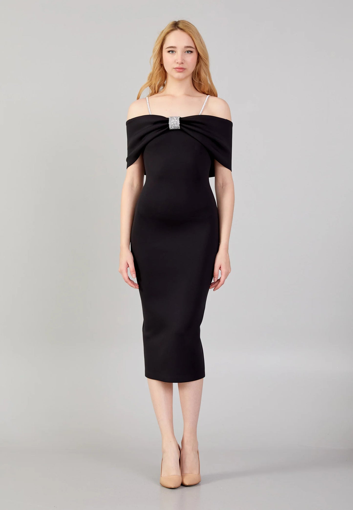 Off Shoulder Midi Lycra Column Regular Evening Dress Unit Price: $48.00