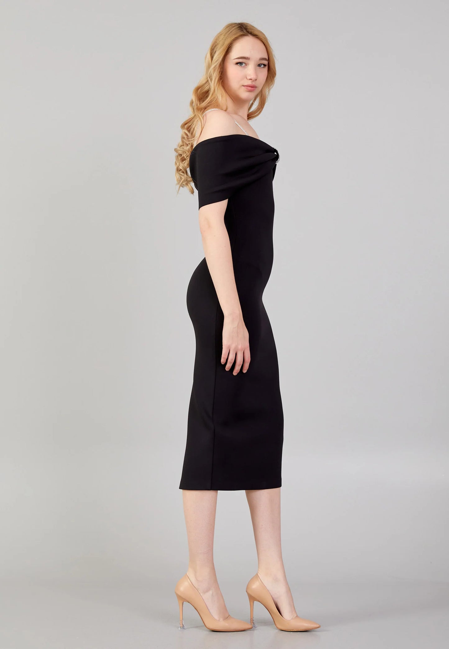 Off Shoulder Midi Lycra Column Regular Evening Dress Unit Price: $48.00