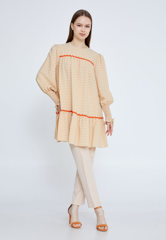 Long Sleeve Plaid Regular Tunic Beige - Unit Price: 35$