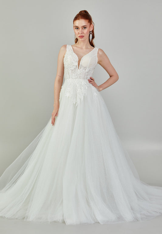 Sleeveless Maxi Tulle Regular Wedding Dress White - Unit Price: 210$