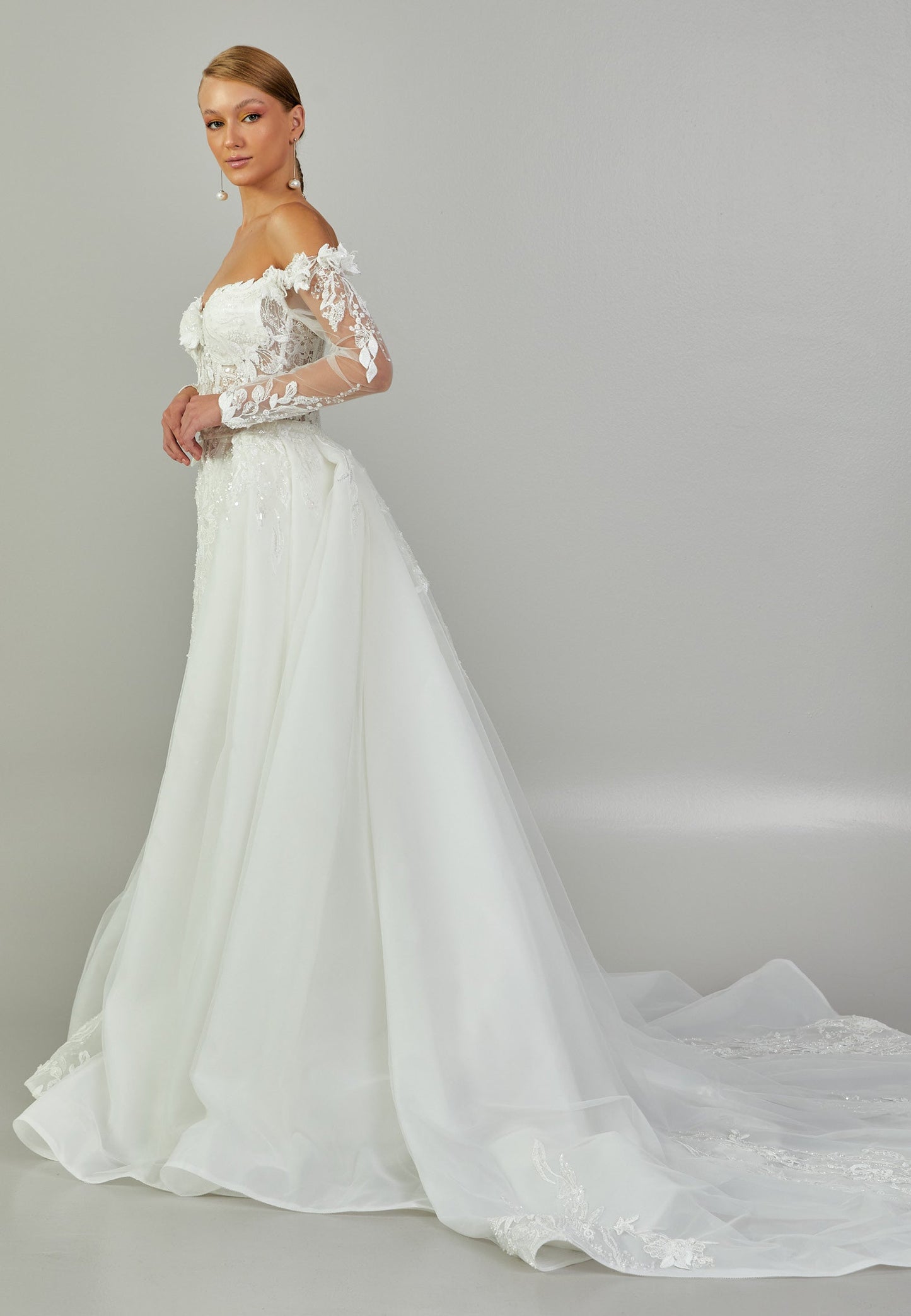 Off Shoulder Maxi Tulle Regular Wedding Dress Ecru - Unit Price: 873$