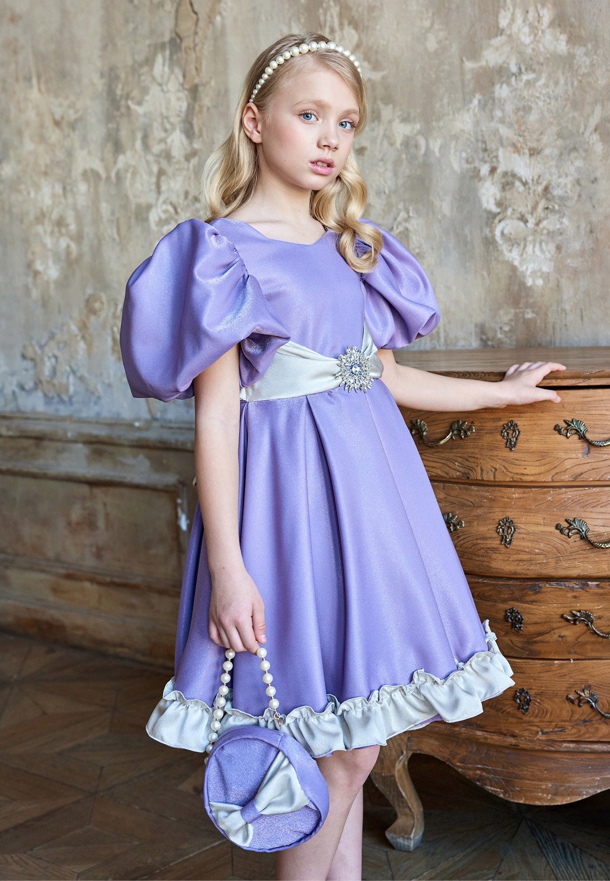 Baby Girl Short Sleeve Polyester Solid Color A - Line 4 - 10 Ages Special Occasion Dress Purple-Beige - Unit Price: 65$