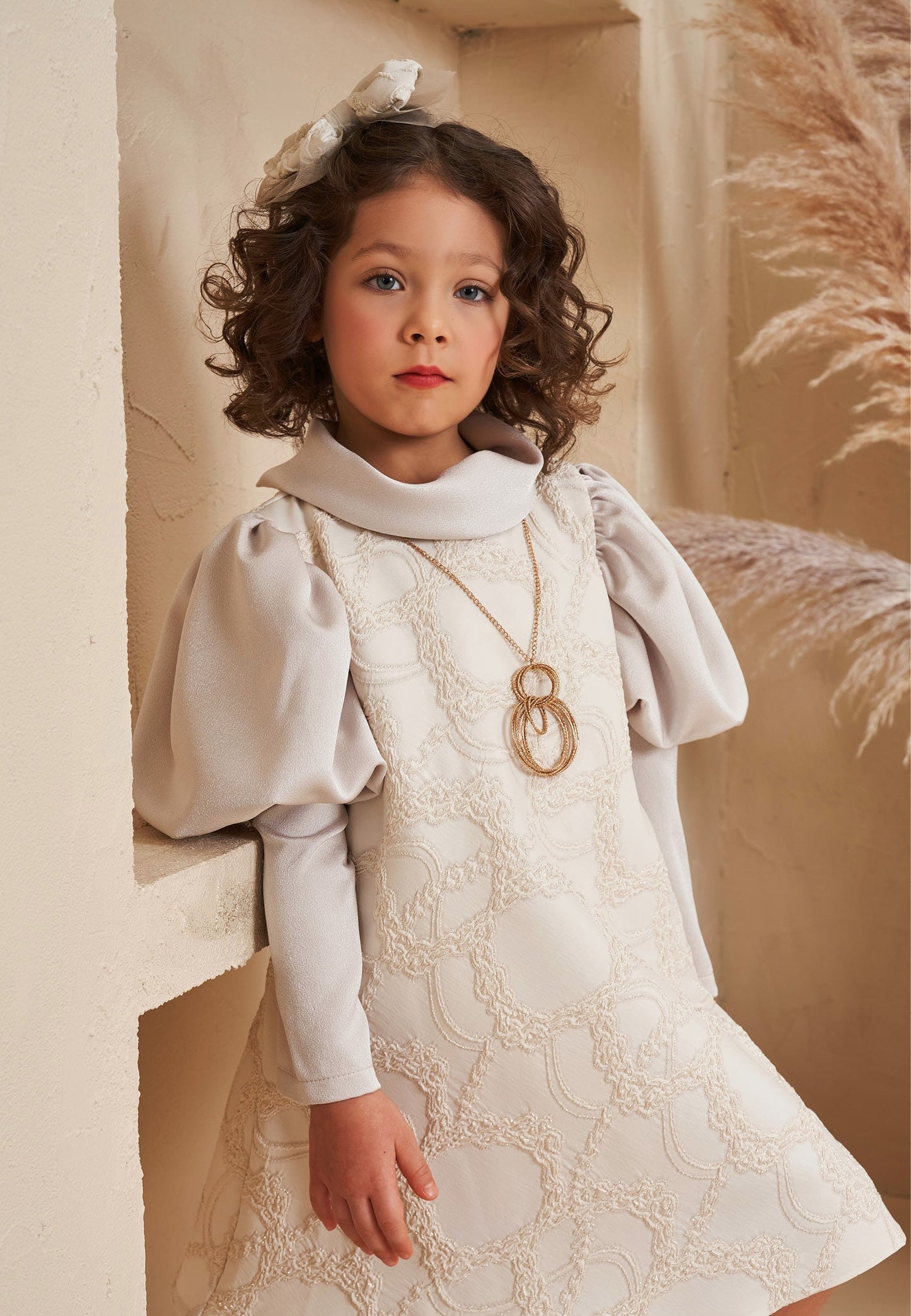 Baby Girl Long Sleeve Polyester Patterned Column 3 - 10 Ages Special Occasion Dress Beige - Unit Price: 34$