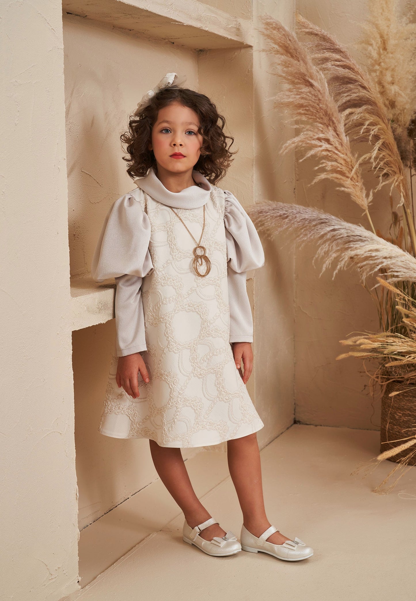 Baby Girl Long Sleeve Polyester Patterned Column 3 - 10 Ages Special Occasion Dress Beige - Unit Price: 34$