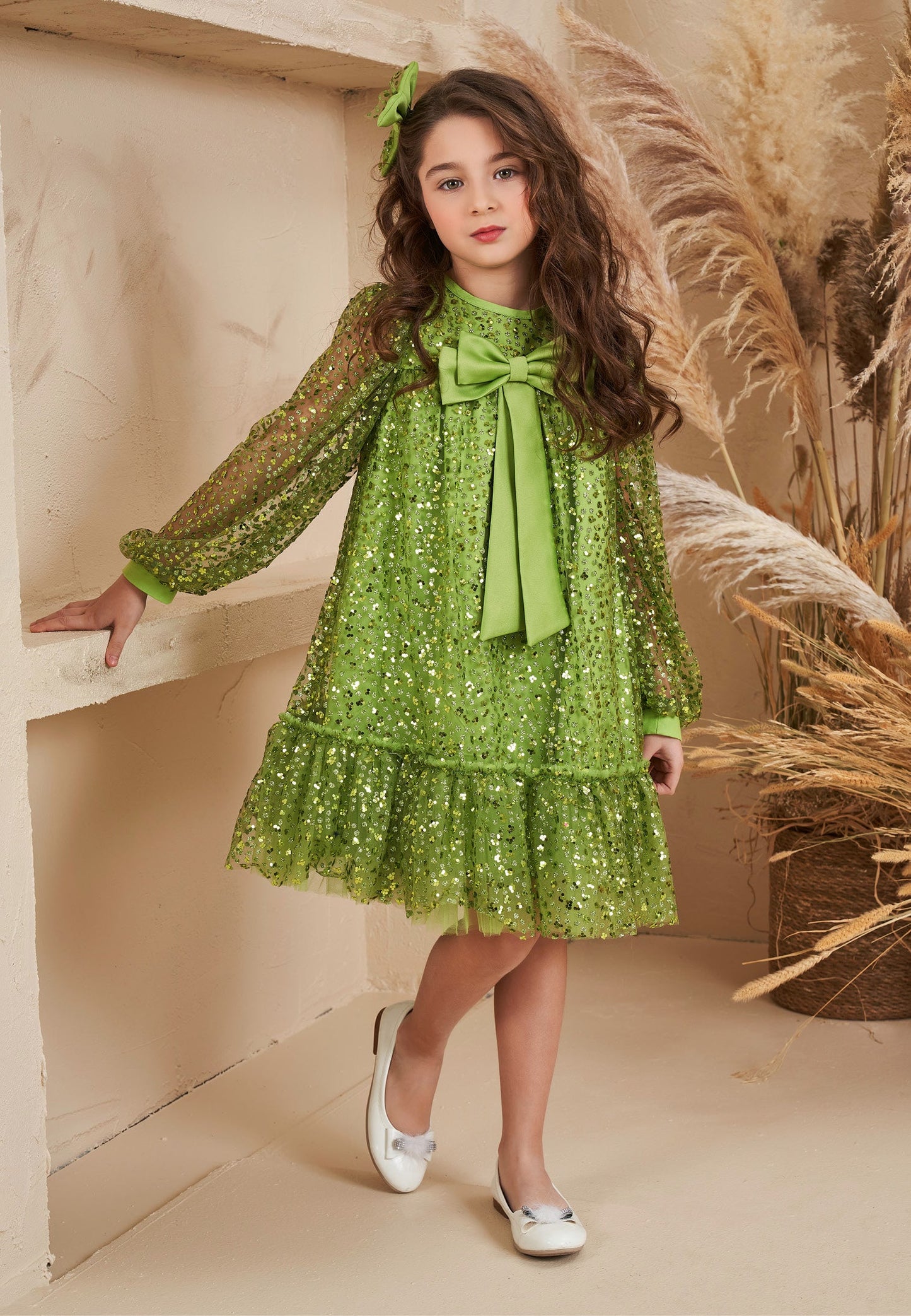 Baby Girl Long Sleeve Tulle Solid Color A - Line 4 - 8 Ages Special Occasion Dress Green - Unit Price: 43$