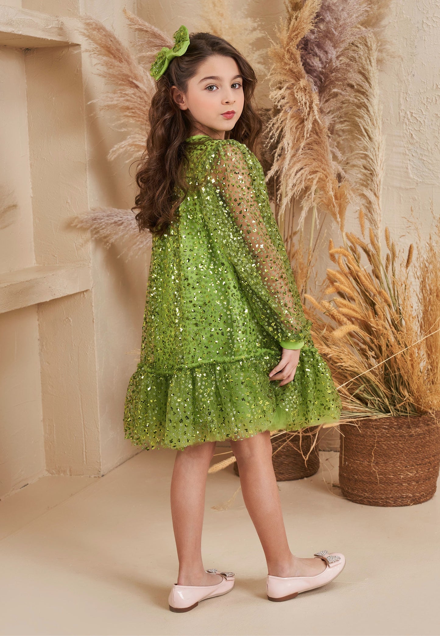 Baby Girl Long Sleeve Tulle Solid Color A - Line 4 - 8 Ages Special Occasion Dress Green - Unit Price: 43$