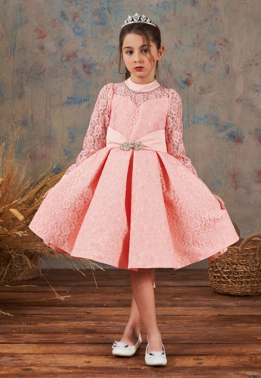 Baby Girl Long Sleeve Lace Lacy A - Line 4 - 8 Ages Special Occasion Dress Pink - Unit Price: 69$