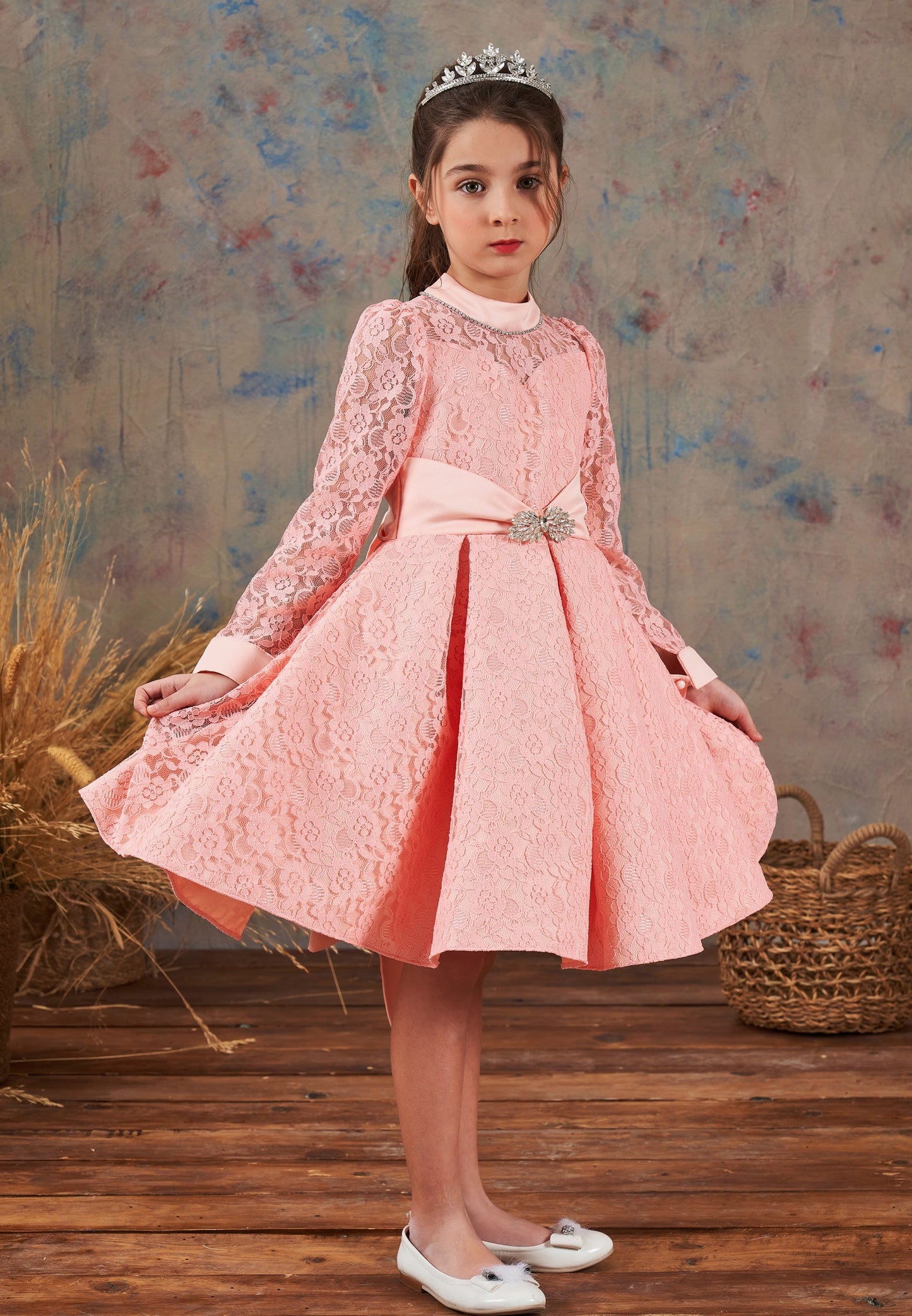 Baby Girl Long Sleeve Lace Lacy A - Line 4 - 8 Ages Special Occasion Dress Pink - Unit Price: 69$