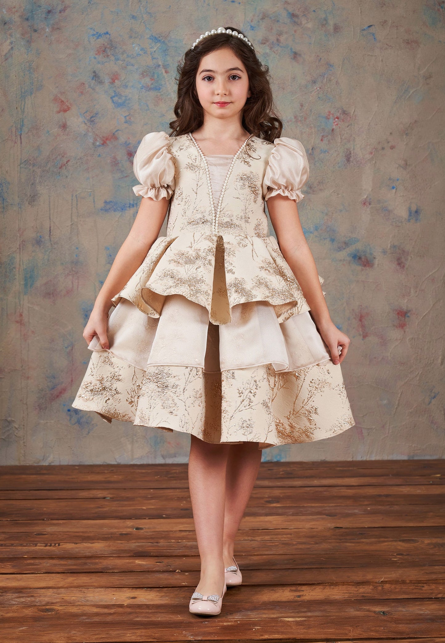 Baby Girl Short Sleeve Polyester Patterned A - Line 5 - 12 Ages Special Occasion Dress Beige - Unit Price: 72$