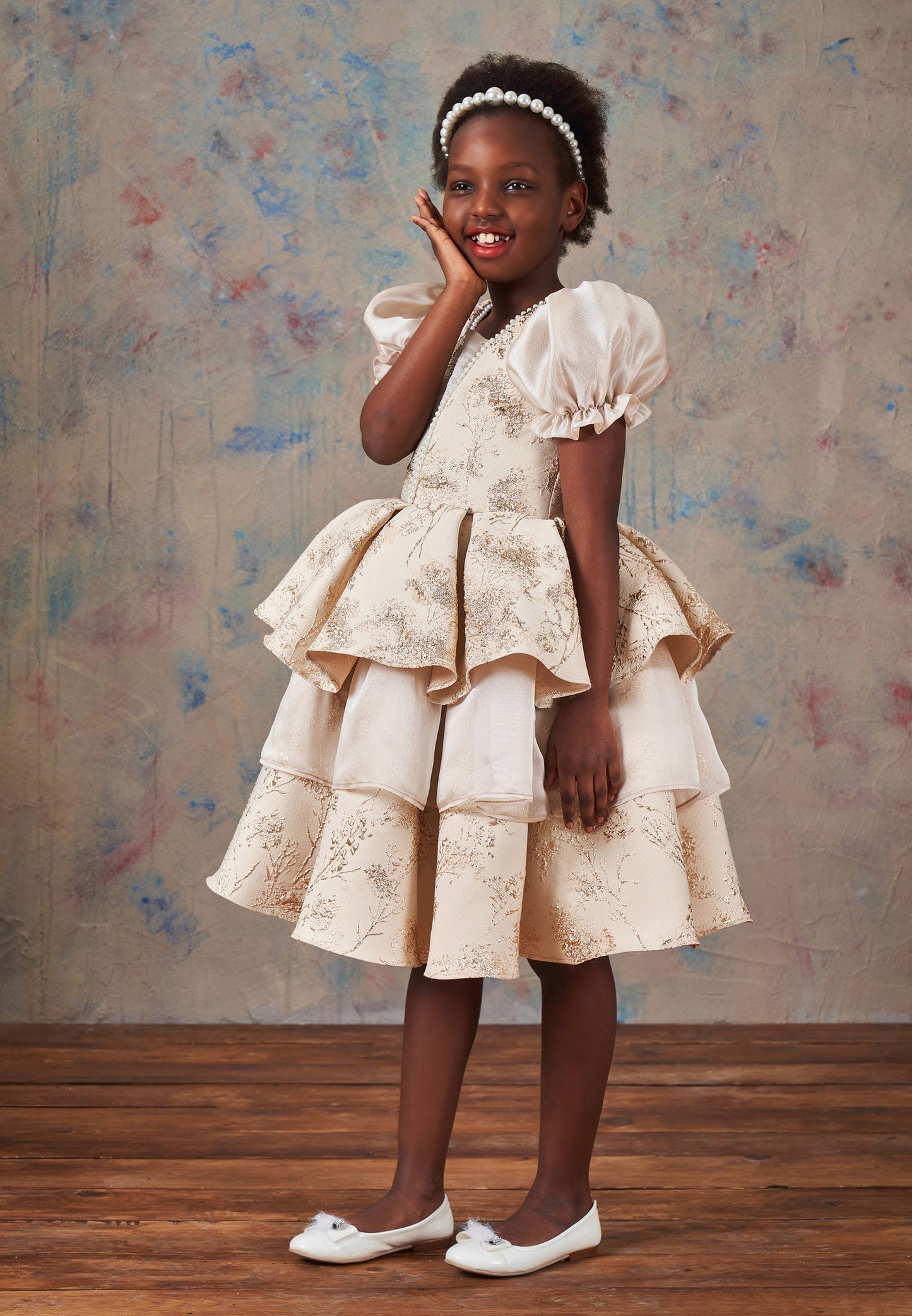 Baby Girl Short Sleeve Polyester Patterned A - Line 5 - 12 Ages Special Occasion Dress Beige - Unit Price: 72$