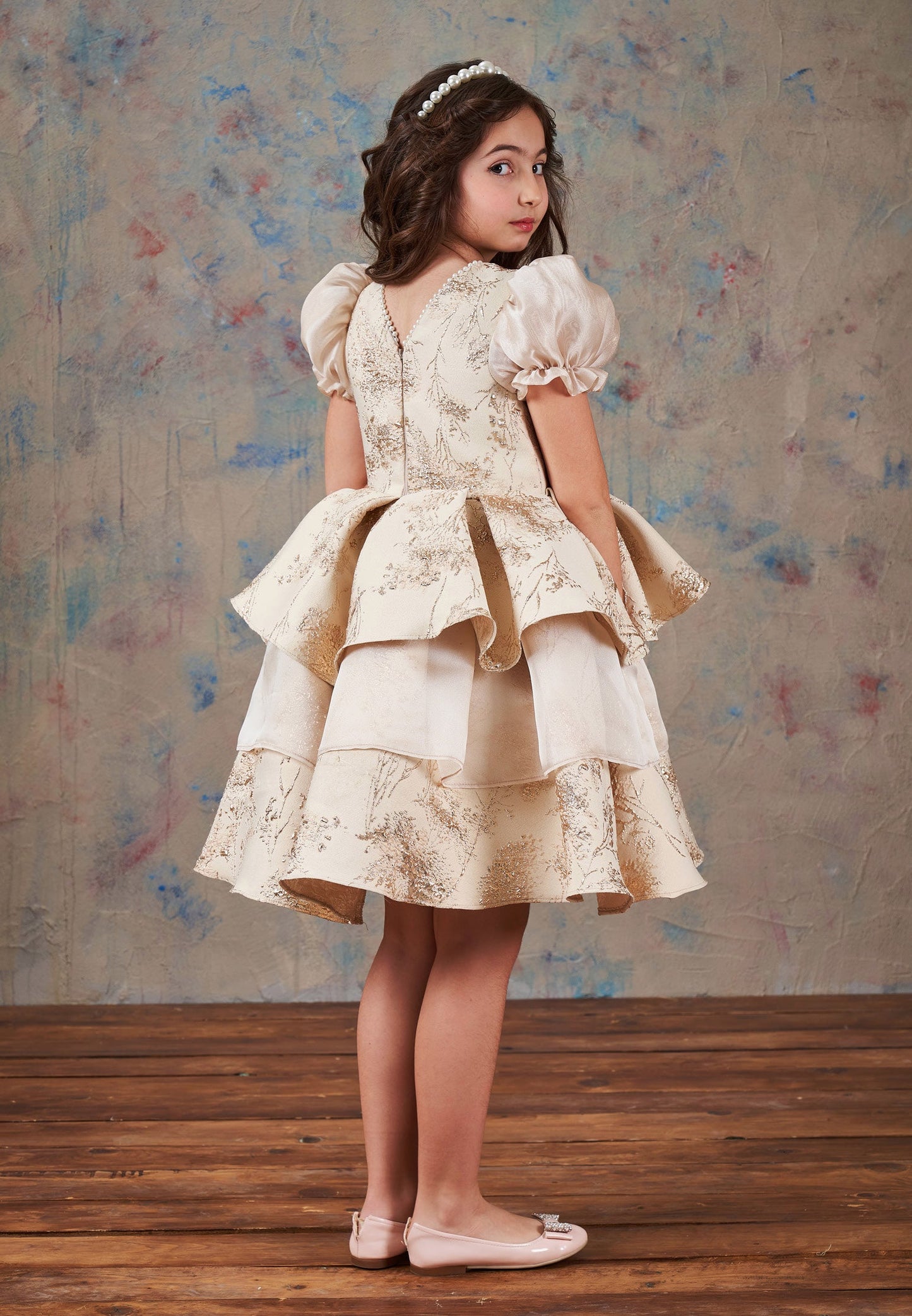 Baby Girl Short Sleeve Polyester Patterned A - Line 5 - 12 Ages Special Occasion Dress Beige - Unit Price: 72$