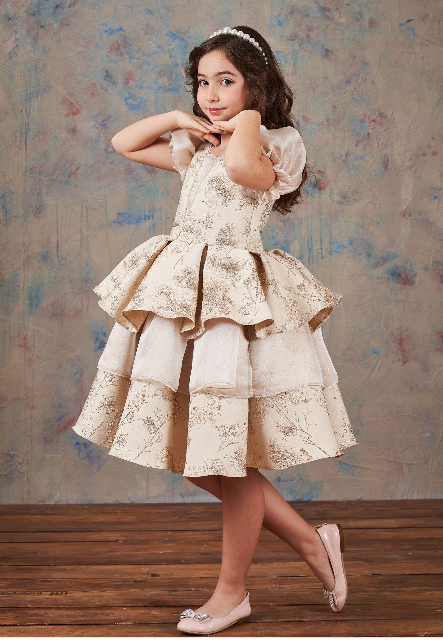 Baby Girl Short Sleeve Polyester Patterned A - Line 5 - 12 Ages Special Occasion Dress Beige - Unit Price: 72$