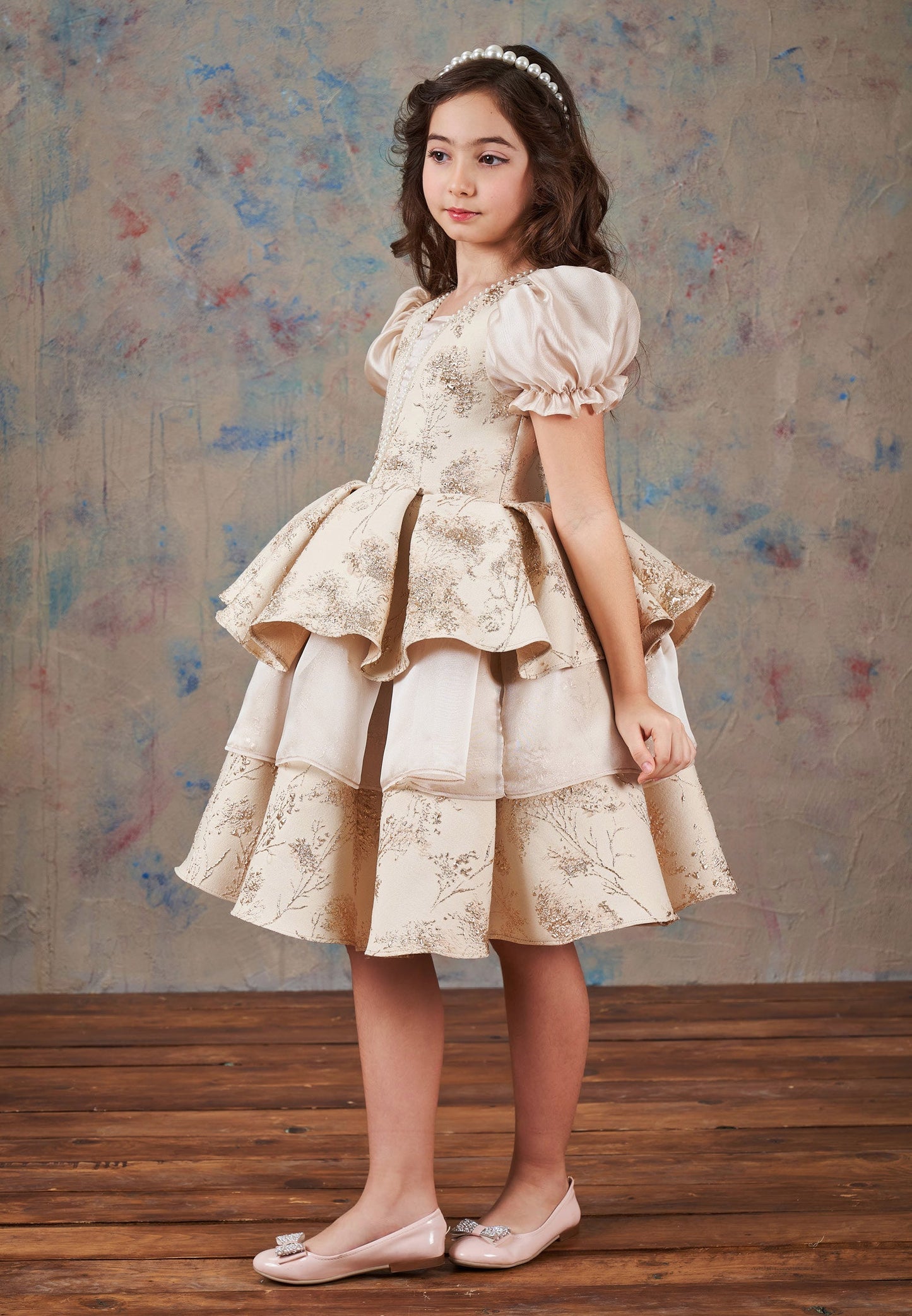 Baby Girl Short Sleeve Polyester Patterned A - Line 5 - 12 Ages Special Occasion Dress Beige - Unit Price: 72$