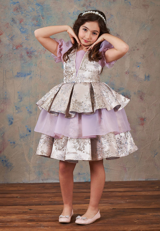 Baby Girl Short Sleeve Polyester Patterned A - Line 5 - 12 Ages Special Occasion Dress Lilac - Unit Price: 72$