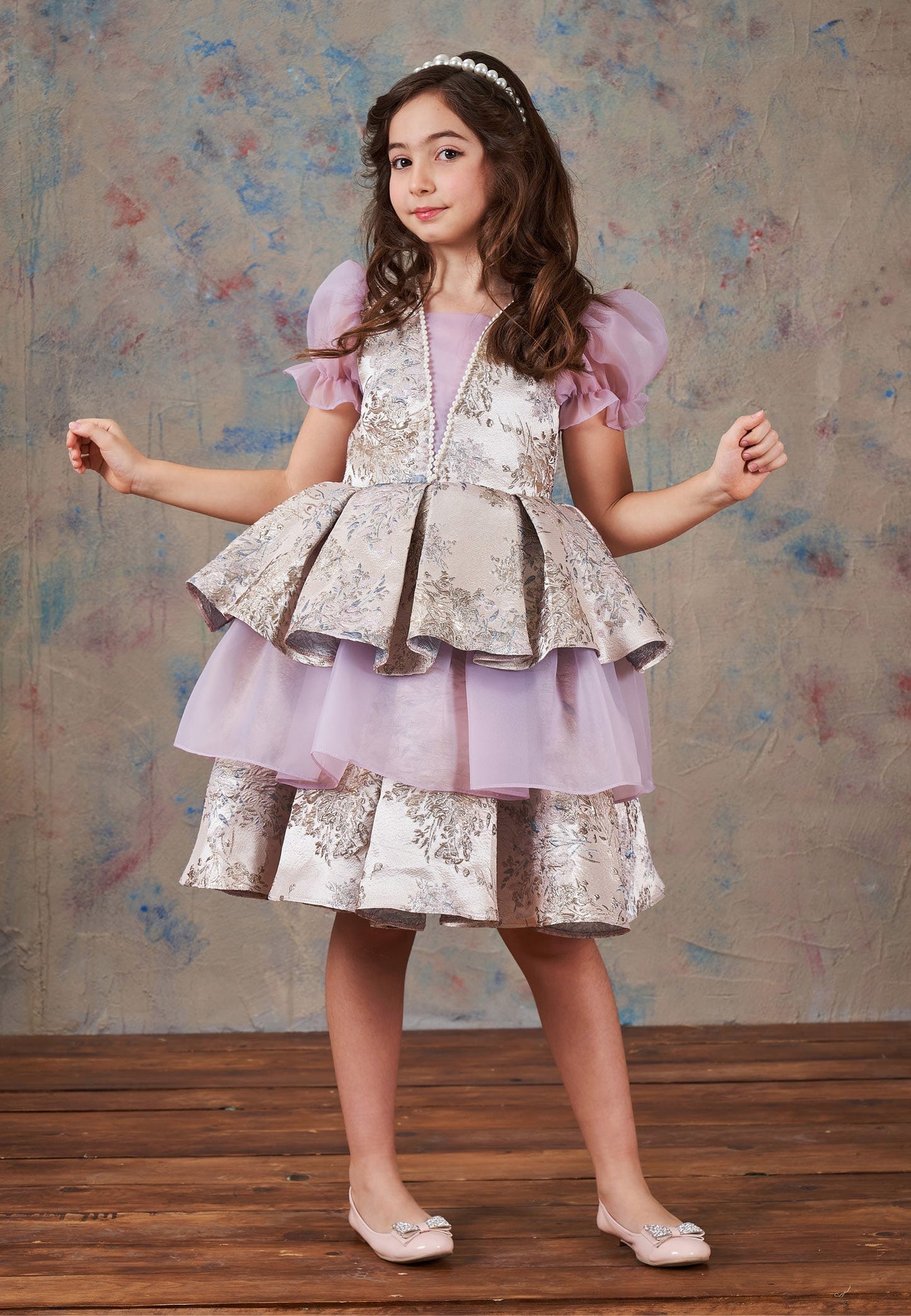 Baby Girl Short Sleeve Polyester Patterned A - Line 5 - 12 Ages Special Occasion Dress Lilac - Unit Price: 72$