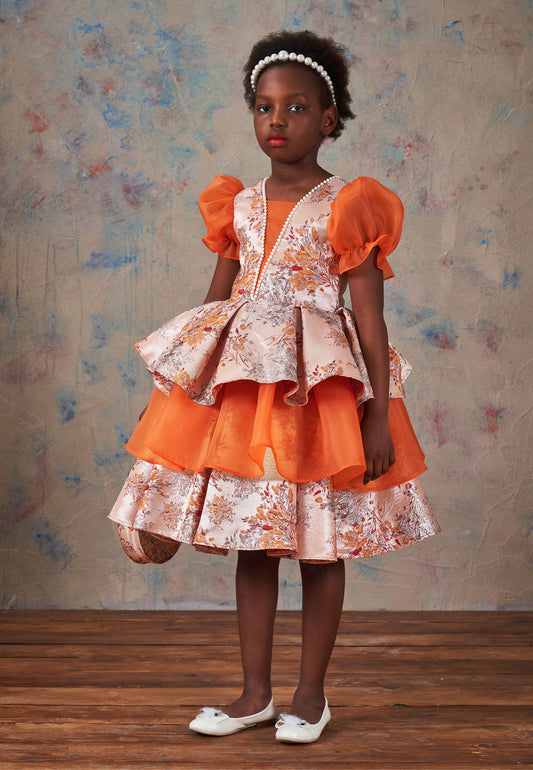 Baby Girl Short Sleeve Polyester Patterned A - Line 5 - 12 Ages Special Occasion Dress Orange - Unit Price: 72$