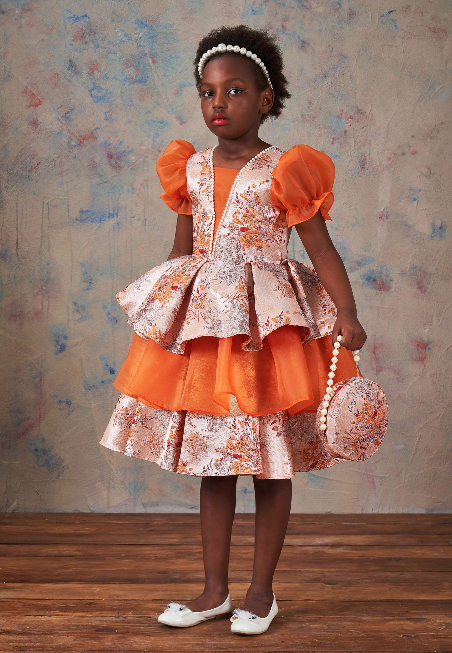 Baby Girl Short Sleeve Polyester Patterned A - Line 5 - 12 Ages Special Occasion Dress Orange - Unit Price: 72$