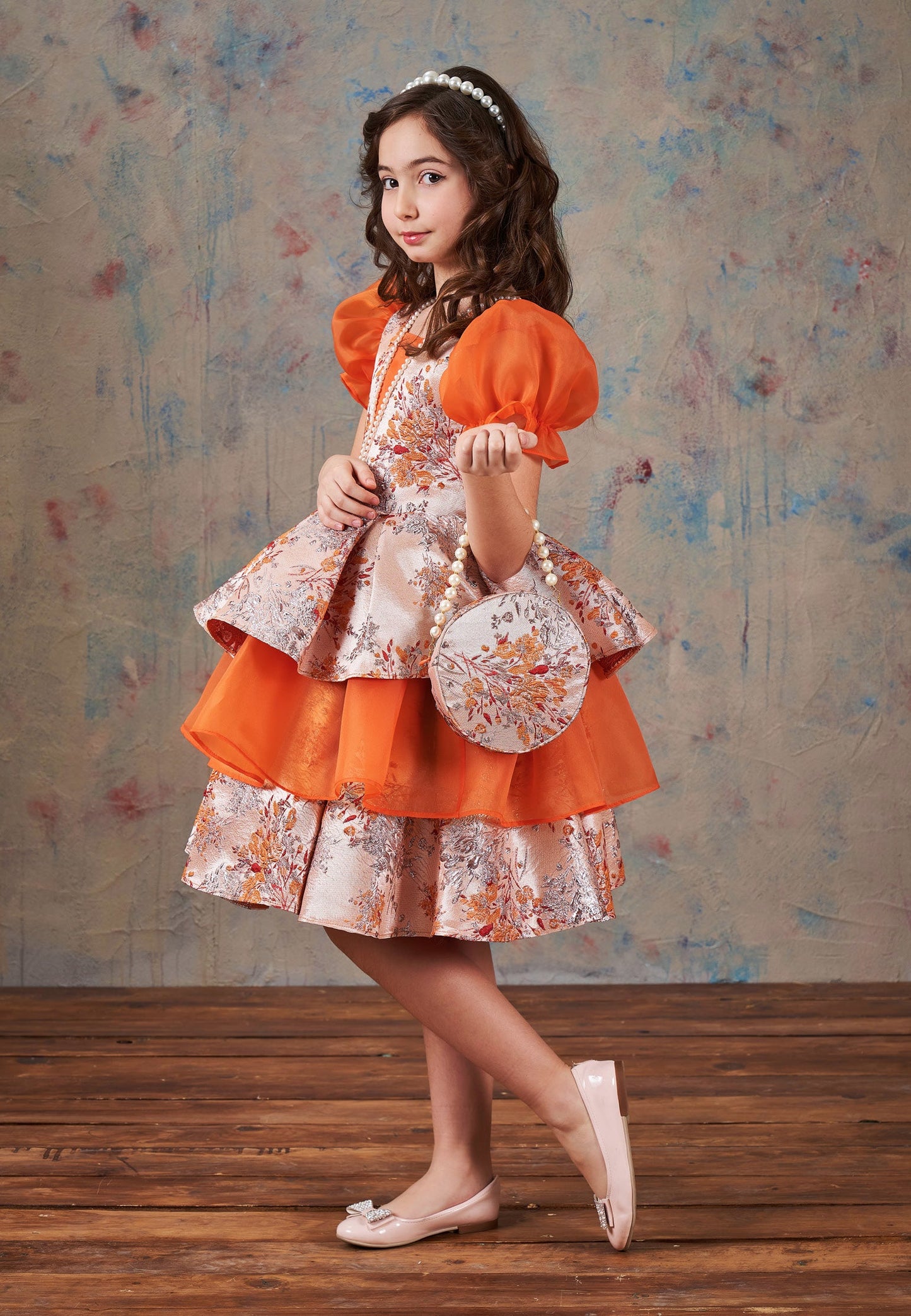 Baby Girl Short Sleeve Polyester Patterned A - Line 5 - 12 Ages Special Occasion Dress Orange - Unit Price: 72$