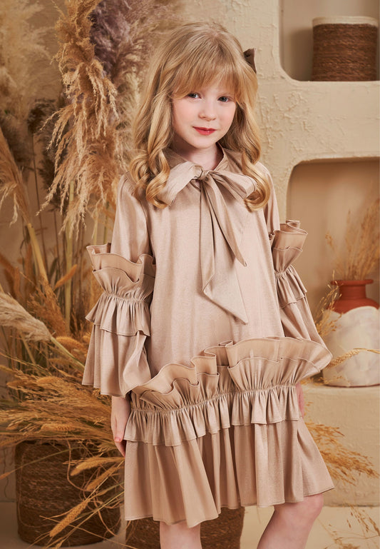 Baby Girl Long Sleeve Polyester Solid Color Column 5 - 12 Ages Special Occasion Dress Beige - Unit Price: 40$