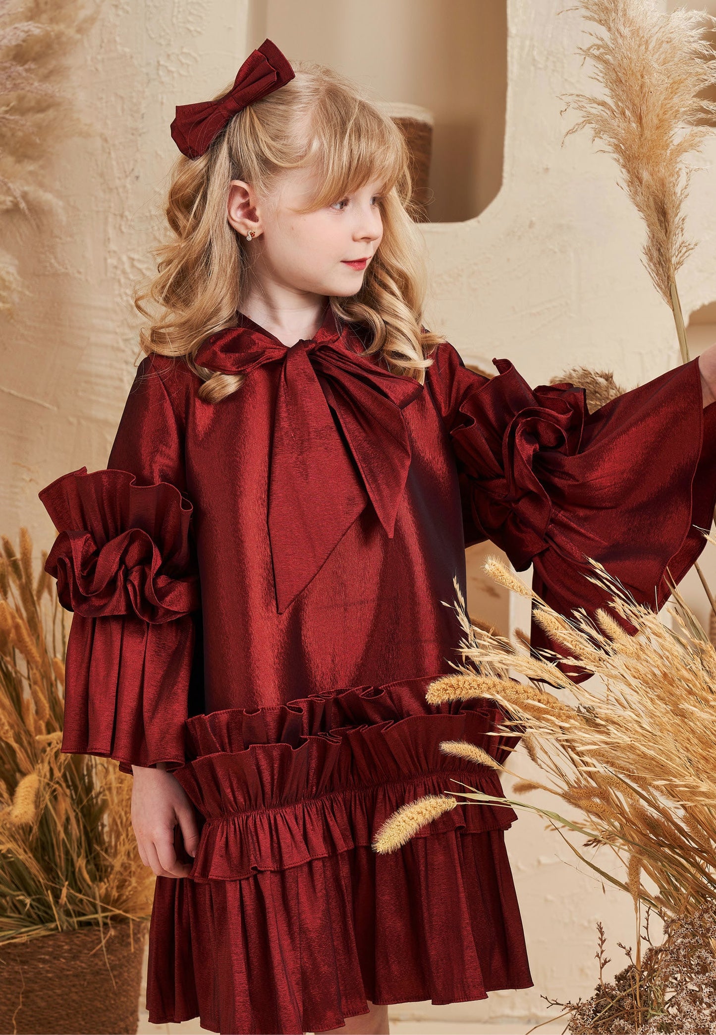 Baby Girl Long Sleeve Polyester Solid Color Column 5 - 12 Ages Special Occasion Dress Burgundy - Unit Price: 40$