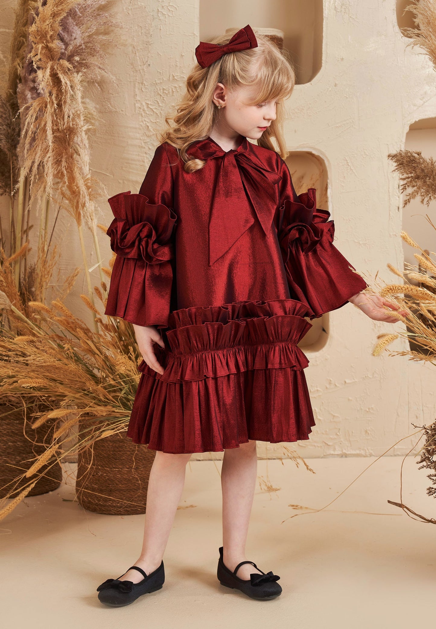 Baby Girl Long Sleeve Polyester Solid Color Column 5 - 12 Ages Special Occasion Dress Burgundy - Unit Price: 40$